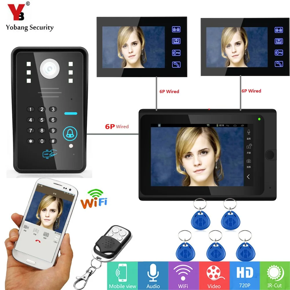 Yobang безопасности 7-дюймовый монитор Запись Видео Wi-Fi IP видеодомофон APP/Пароль/пультов/RFID разблокировать телефон двери дверной звонок