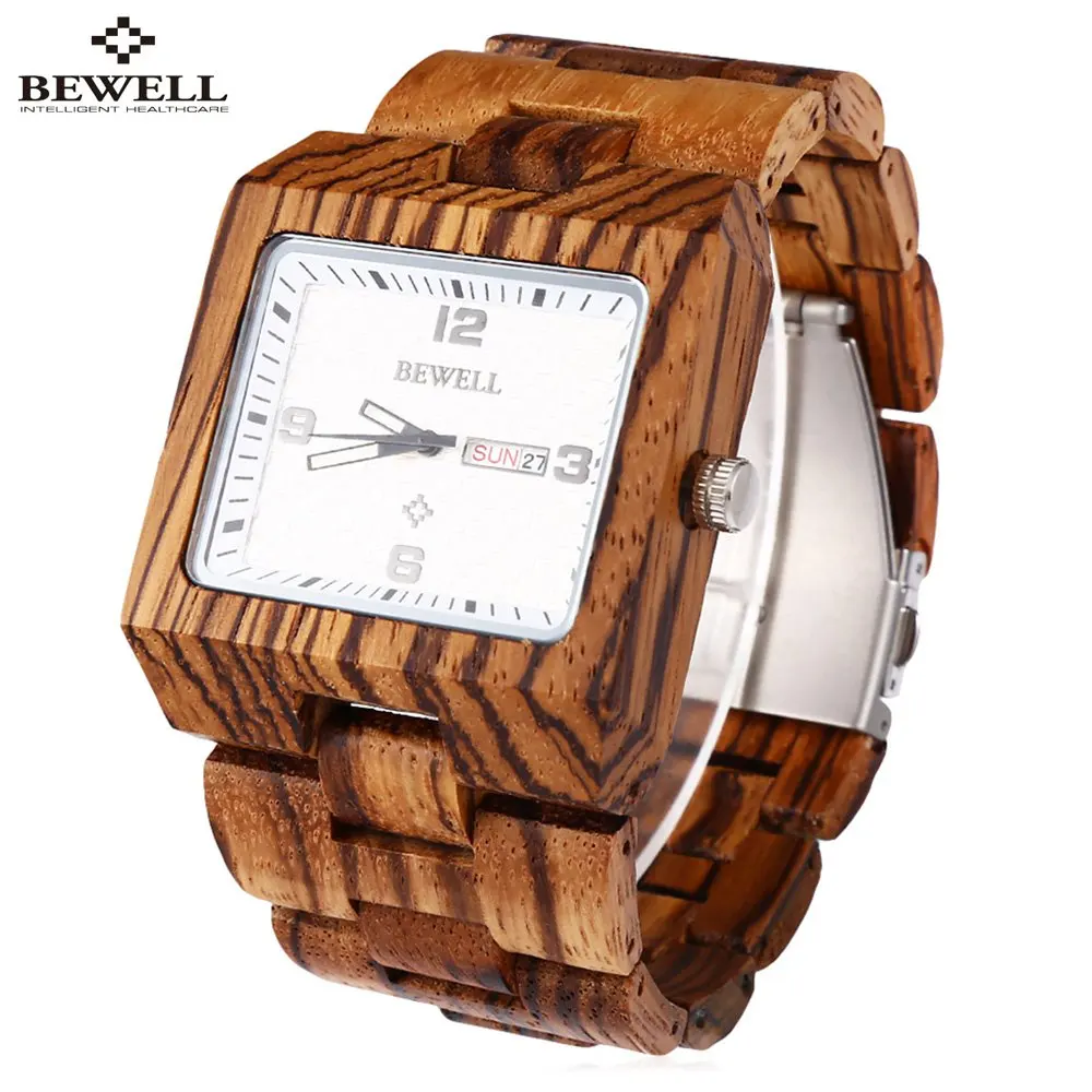 BEWELL Luxury Brand Men Wood Quartz Watch Male Luminous Pointer Calendar Wooden Wrist watch Waterproof Men