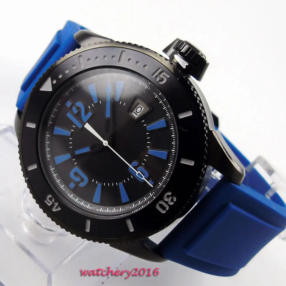 

43mm Bliger Black dial pvd Case Blue Marks Rubber strap Date Window simple Automatic Movement Men's Mechanical Wristwatch