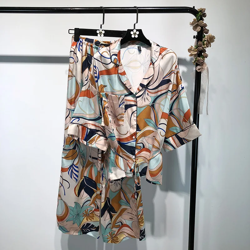 Женский костюм Мода Кимоно рубашка с принтом + Высокая талия была тонкая широкие брюки с принтом костюм из двух предметов 2019 Ранняя осень
