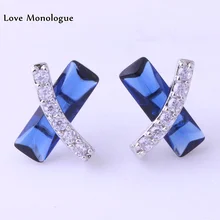 Любовный монолог, дизайн, стиль "Х", синий кристалл и белый кубический цирконий, серебряный цвет, серьги-гвоздики для женщин J0001