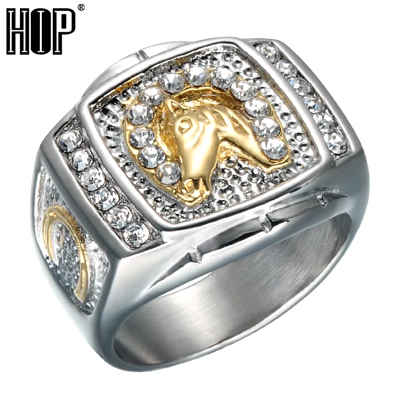 Хип хоп микро проложить горный хрусталь Iced Out Bling Horse Кольцо IP позолоченные