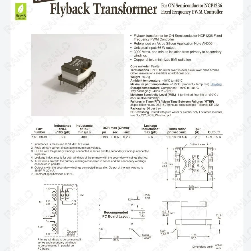 

PQ3220 KA5038-BL coilcraft flyback Magnetics transformer ferrite core transformer