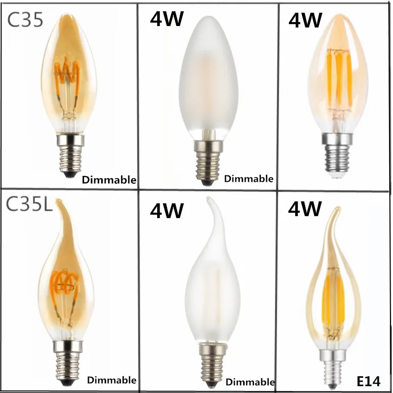 

10pcs/LOT Design Energy Saving Gold blub 2W 4W Candle E14 220V 110V Dimmable C35 C35L LED Filament Light Bulb 360 Degree Lamps