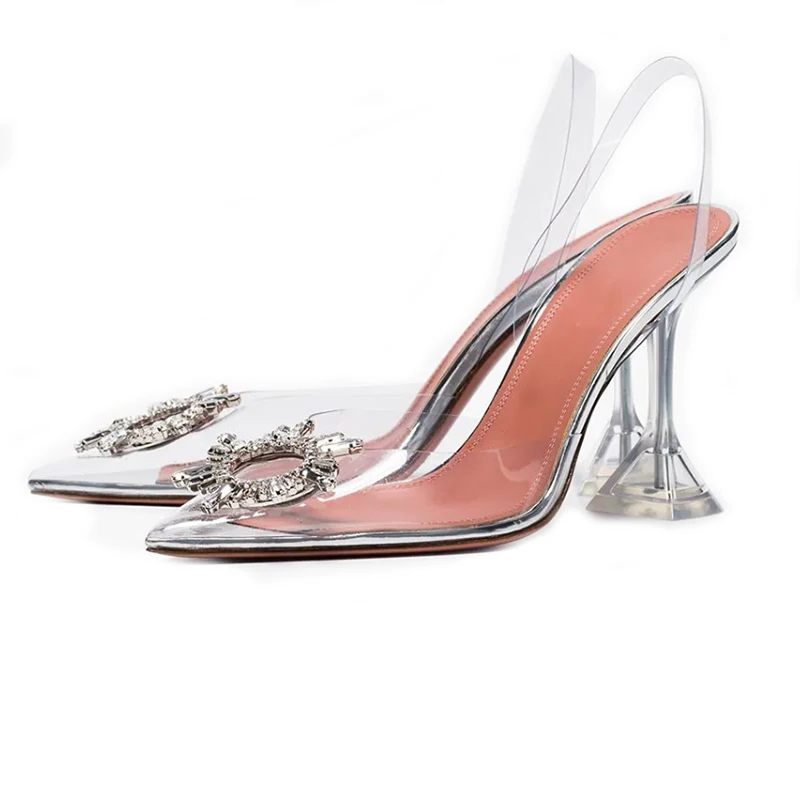 

Women Pointed Toe Crystal Rhinestones Bling Clear Transparent Stilettos High Heel Slingbacks Ankle Buckle Jelly Shoes Pumps A248