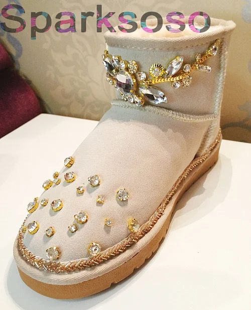 

Handmade gold baroque gem cowhide low short snow boots 6cm female boots