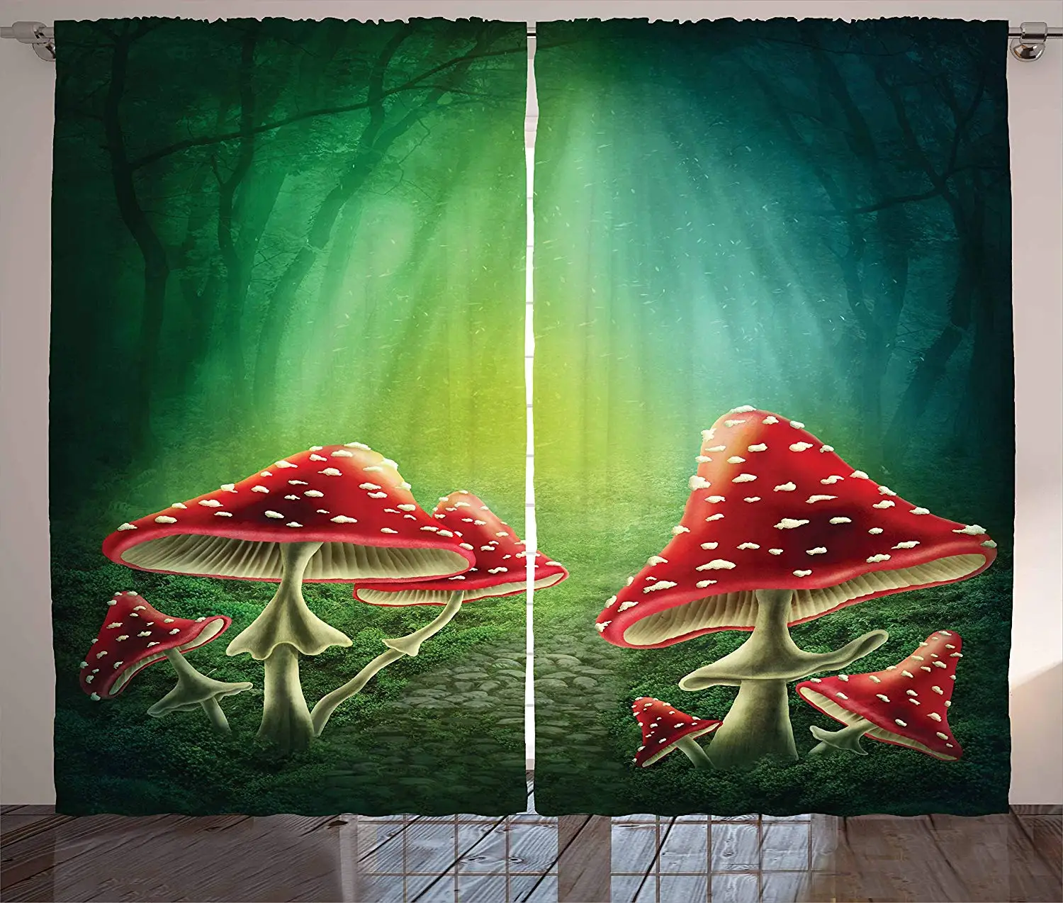 Mushroom Curtains Fairy Tale Illustration with Poisonous Fungus Dreamy Fantasy Enchanted Wilderness Living Room Window Drapes | Дом и сад