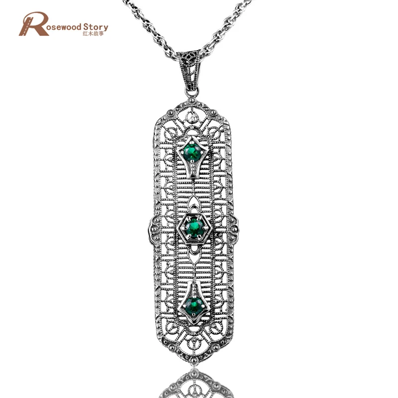 New Brand Design Women Fire Round Emerald Necklaces & Pendants Punk Ethnic 925 Sterling Silver Fine Jewelry 100% Handmade