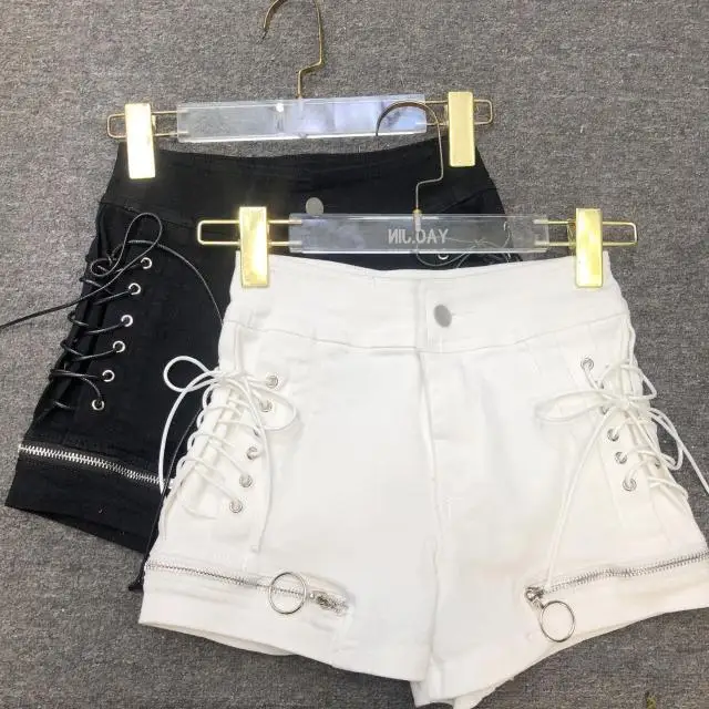 new summer elastic high waist design sense tie slim personality zipper sexy two wear denim shorts women