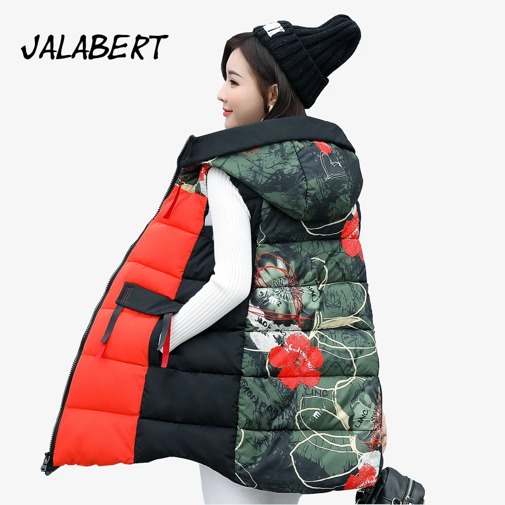 2017 autumn winter new for women zipper cotton vests Female long hooded printing Big pocket