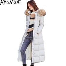 Для женщин зимнее пуховое пальто искусственной меховой воротник зимняя куртка Для женщин Сплошной Толстовки Женская мода длинные пальто manteau Femme st441