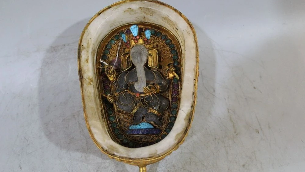 

9" Tibet Buddhism Temple Old Crystal Inlay Gem Gold Elephant Buddha Statue