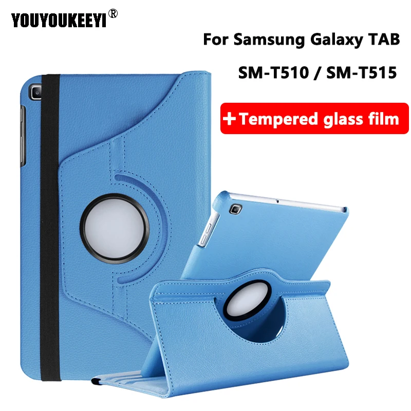 360 Вращающийся чехол для Samsung Galaxy Tab 10,1 T510 T515 Стенд крышки PU чехол для SM-T510 SM-T515+ Закаленное стекло Фильм