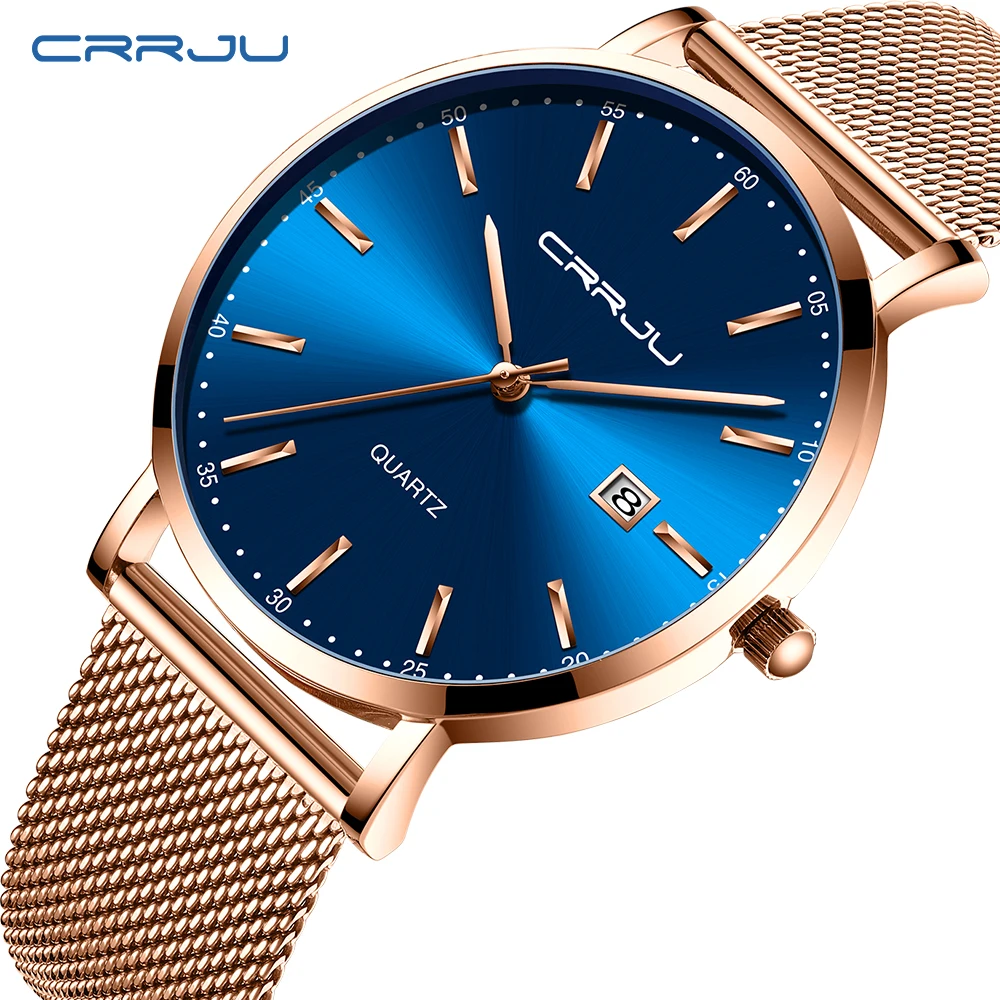 CRRJU женские часы лучший бренд роскошный женский, сетчатый ремень ультра-тонкие часы из нержавеющей стали водонепроницаемые часы кварцевые часы Reloj Mujer