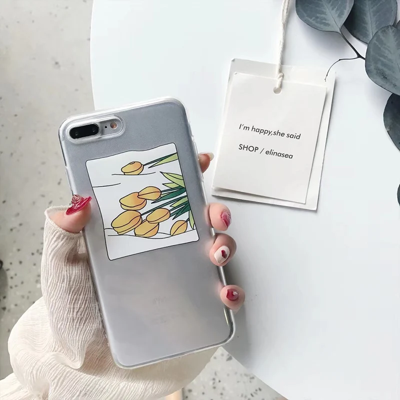 

Phone case for iphone 7 8plus 6s 6splus Flower Tulips transparent soft TPU conque case For iphone X XR XS XSMAX back fundas