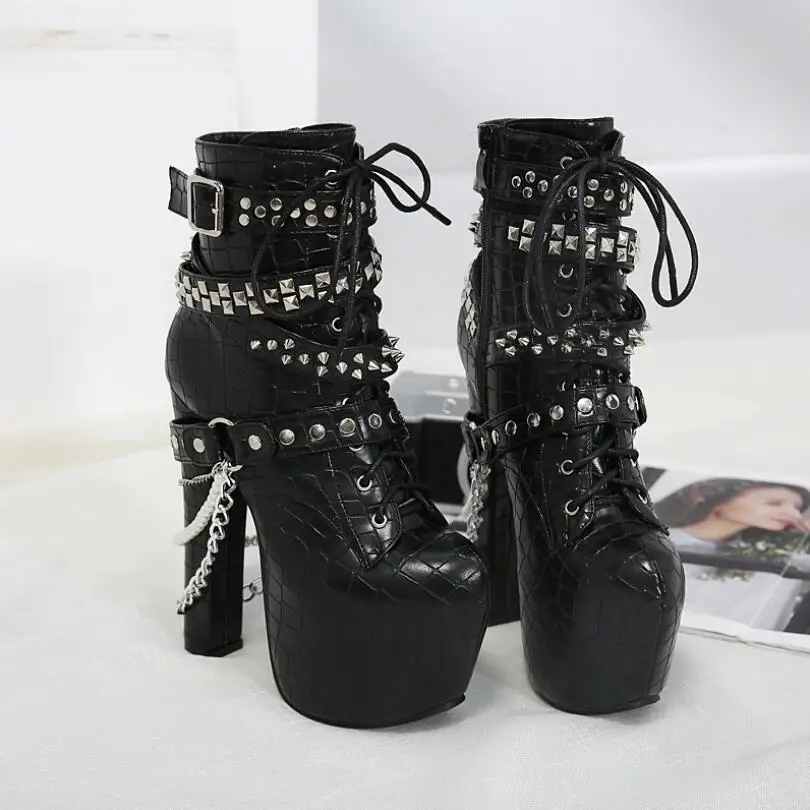 

Personality 2018 new women heavy metal decoration 16CM super high heel boots female beaded rivets with chain lace up short boots