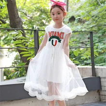 2018 Girls Princess Dress Children’s Clothing Mesh Long Dress For Girl Casual O-neck Short Sleeve Mid-calf Letter A-line Dress
