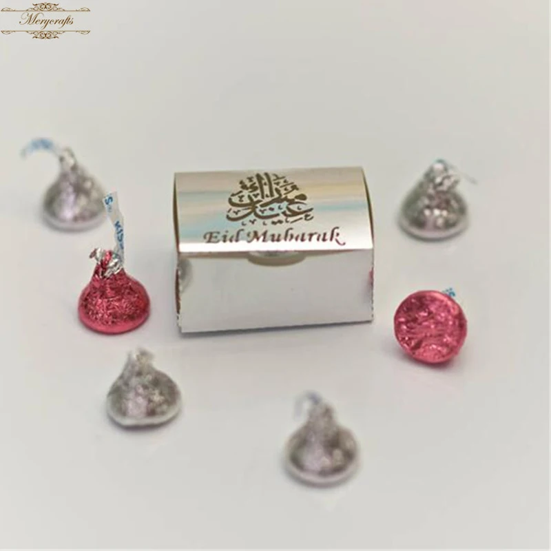 

Silver favor chocolate rectangle boxes customize Eid Mubarak provided
