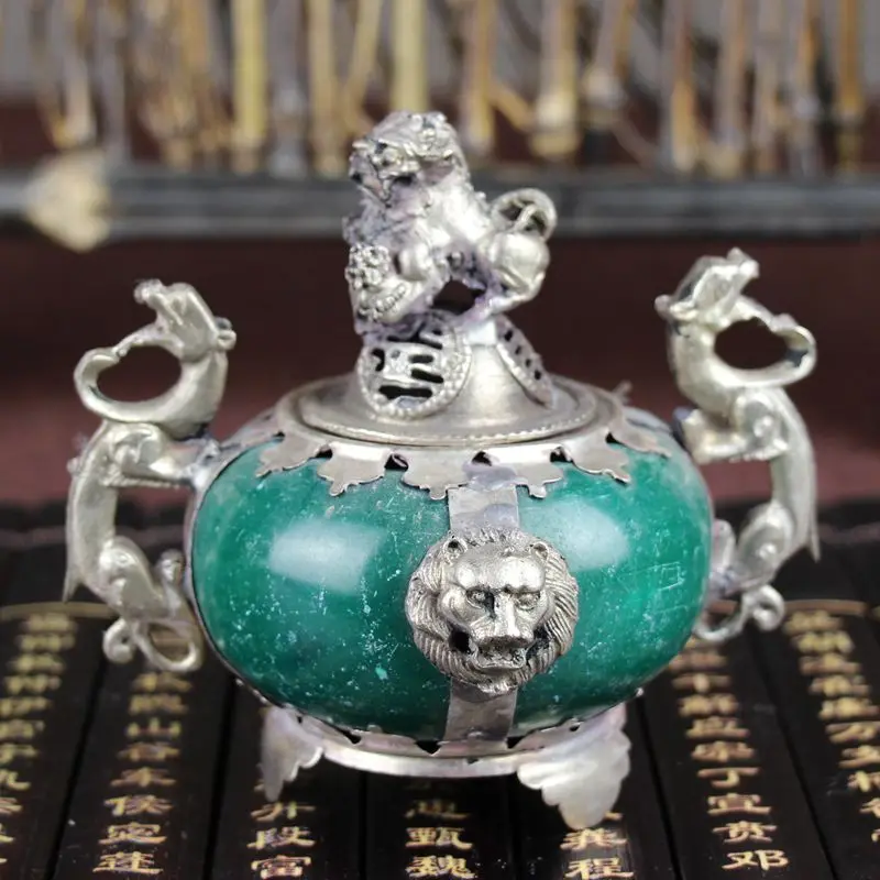 

China Old Beijing old goods Silver packet jade smoked incense burner