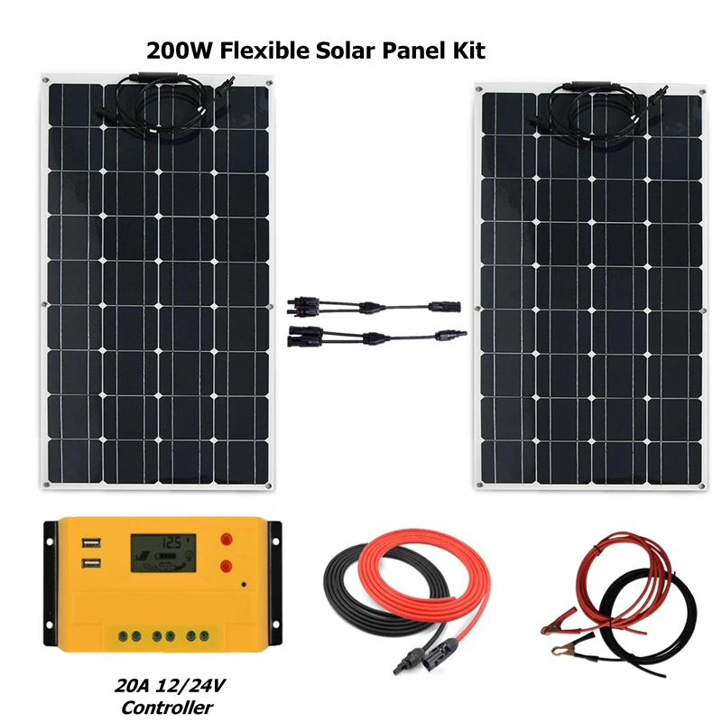 

200W Flexible Solar system Kit for Beginner Monocrystalline Solar Panel+20A solar controller+solar/battery cable+MC4 Connector