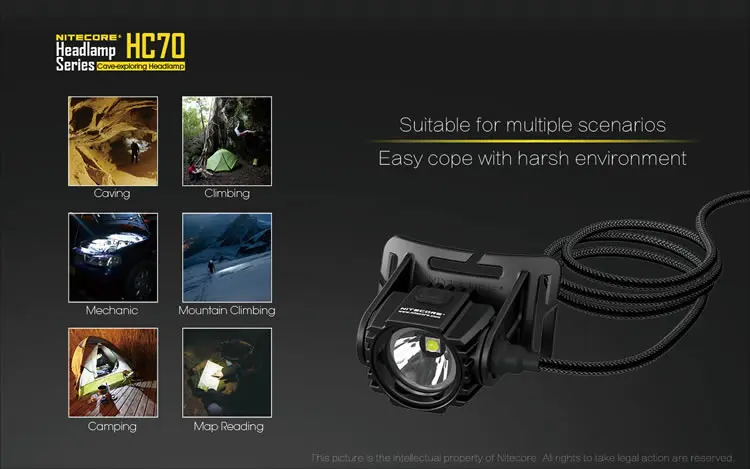 NiteCore HC70 CREE XM-L2 U2 светодиодный 1000 люмен 18650 Перезаряжаемые Спелеология налобный фонарь фар