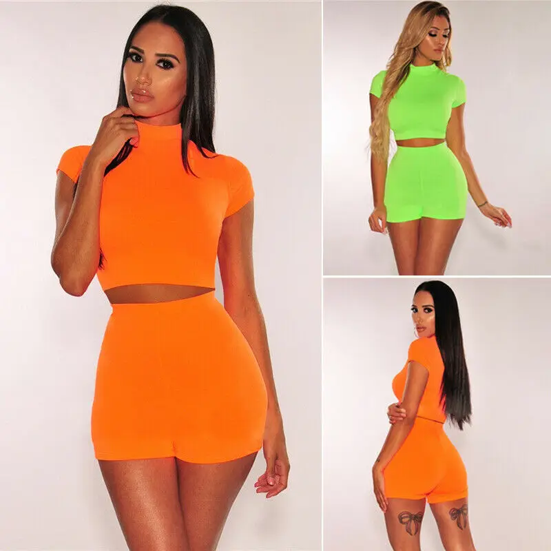 

Summer Women 2PCS Top And Pants Clothes For Women Yoga Suit Sport Gym Running Neon Green Fitness Clothing Workout Tracksuit