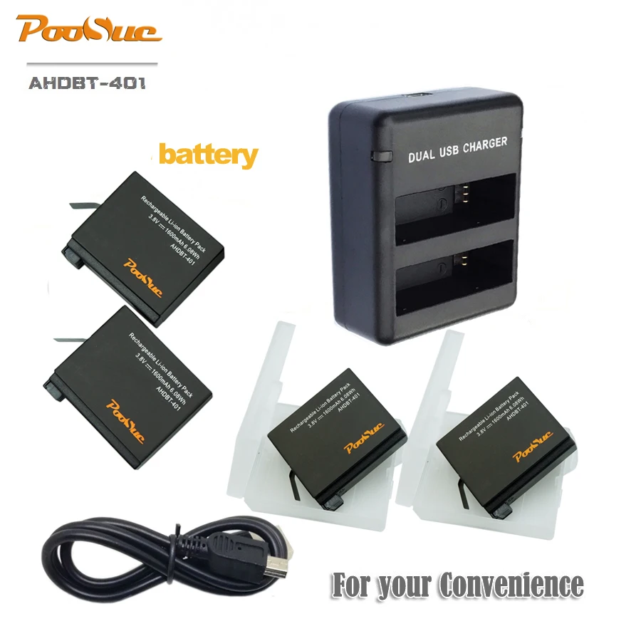 Аккумуляторы для камеры GoPro Hero 4 4x двойное зарядное устройство USB AHDBT 401|battery for