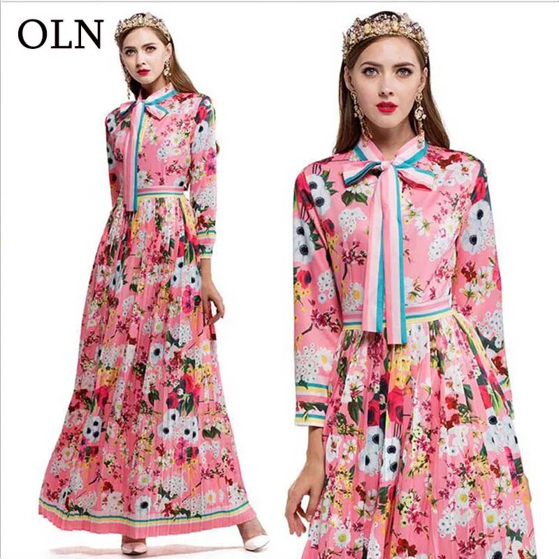 Oln 2018 Новый Для женщин Дамская мода повседневные платья лето-осень платье Европейский халат Стиль Цветочный принт платье weibliches Kleid A07