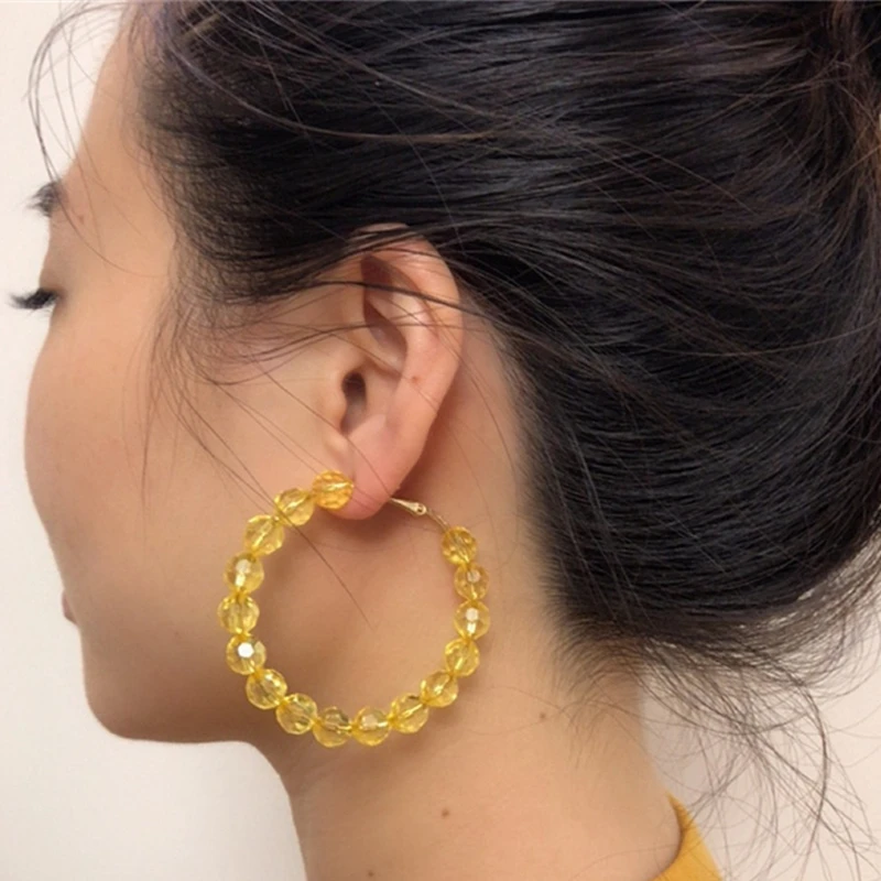 

HZ 2019 Summer Crystal Beading C Shaped Silver Circle Golden Colorful Hoop Earrings for Women Girls Party Jewelry Holiday Beach