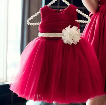 

Wine Sleeveless Fashion Little Girls Wedding Party Flower Girl Dress Lace Mesh Tutu Girl Performance Dress