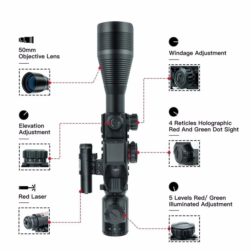 Тактический 4-12X50 EG Riflescope оружие для страйкбола охота огнестрельное оружие прицел для ружья с голографическим 4 оптический прицел с прицельной сеткой+ красный с лазером