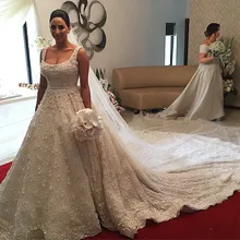 Luxury Scoop Neck Ball Gown Spaghetti Strap Beaded Pearls Flowers Vintage Wedding Dresses Royal Train Robe De Mariage Plus size
