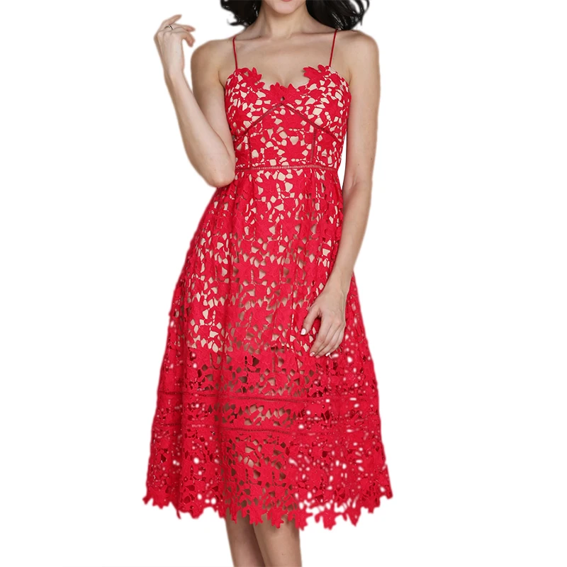 

W286 white pocket spaghtti straps knee length lace dress