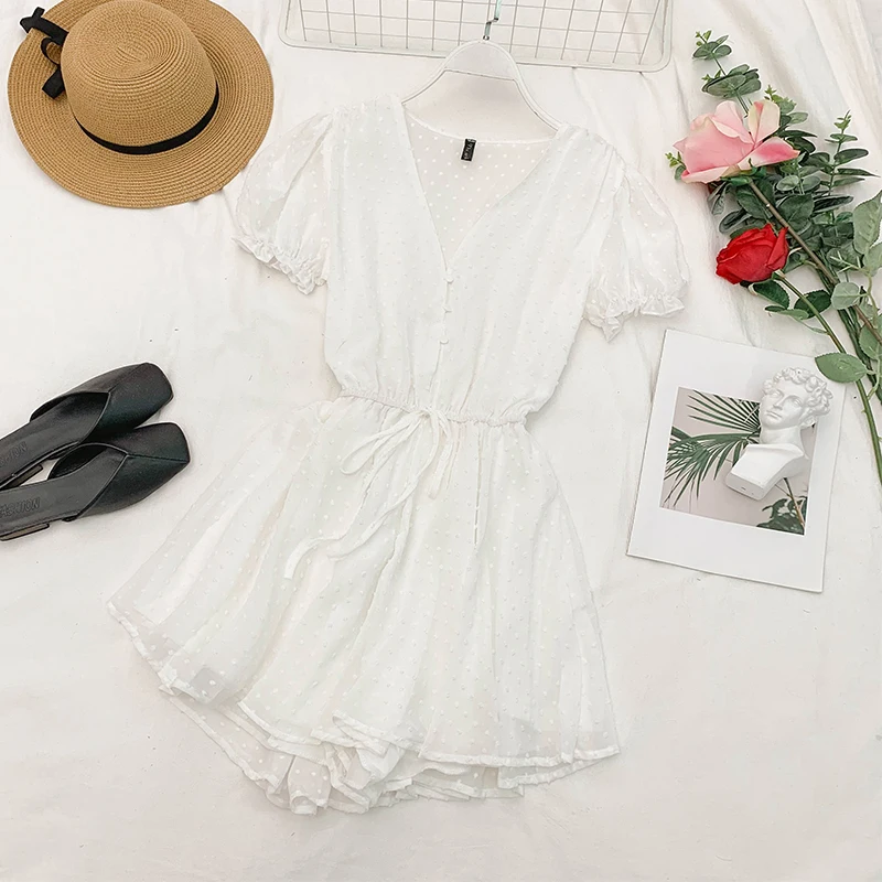 

TAOVK Summer V Neck Buttons Short Sleeve Dress Dot Polka Elastic High Waist Lace-up Chiffon Dresses