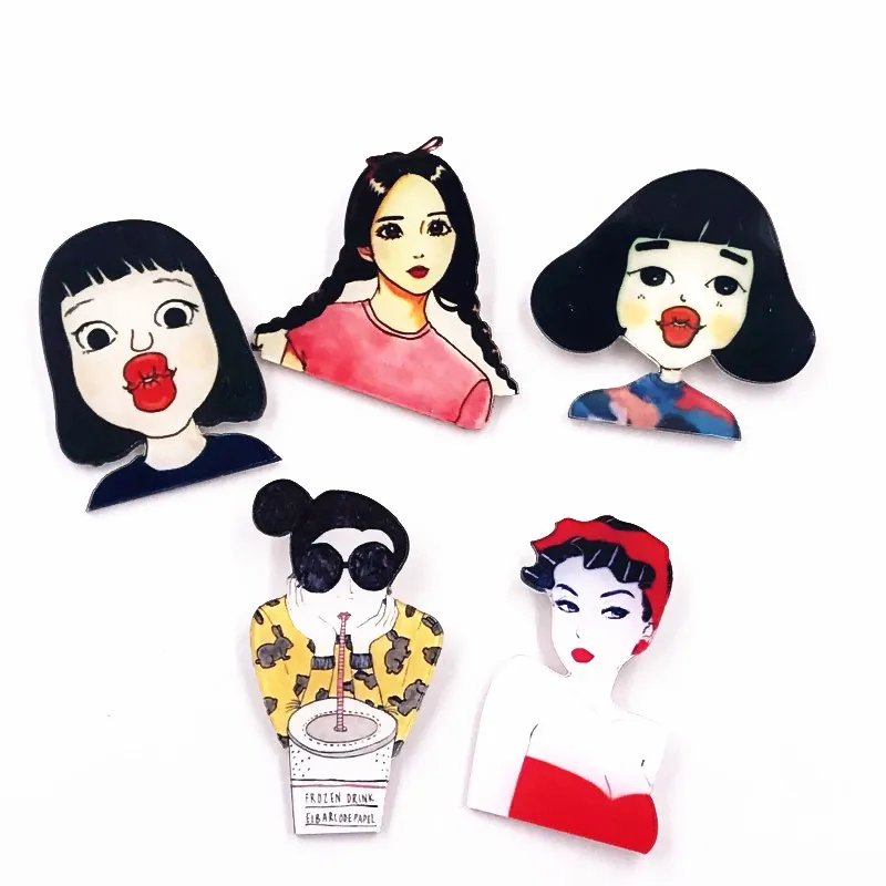 

5PCS/Lot Hot Selling High Quality Acrylic Beauty Icon Brooch Lovely Cool Girls Design Badge For Lady Party Gifts Bag Accessories