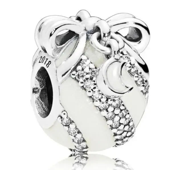 

925 Sterling Silver Bead Charm Pave Stripe Christmas Ornament With Star & Moon Beads Fit Pandora Bracelet Bangle Diy Jewelry