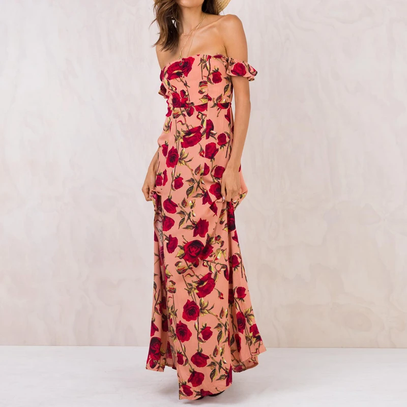 GREMMI Summer Dresses Womens Floral Maxi Dress Shoulderless Evening Dress Beach Dress Party Shoulder Dresses Chiffon Dress