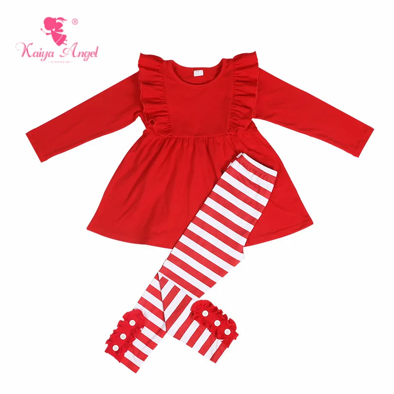 US $75.36 Kaiya Angel Christmas 2018 Latest Design Red Flutter Sleeve Top Stripe Pants Matching Set Baby Clothing Ruffle Sets