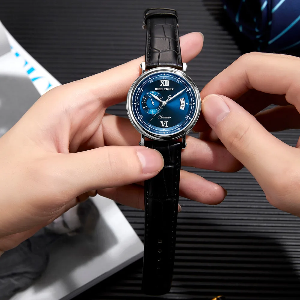  2019 Reef Tiger/RT Luxury Business Watch for Men Blue Leather Strap Fashion Mechanical Watches Big 