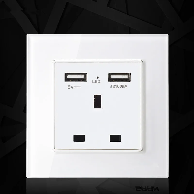 Buy UK standard 1 gang socket with 2 USB chargering, 3 Pin White glass panel
