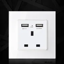 UK standard 1 gang socket with 2 USB chargering, 3 Pin White glass panel wall socket and 2100mA USB wall plug outlet livolo manufacture grey glass panel 2 gangs wall computer and tv socket outlet vl c791vc 15 without plug adapter