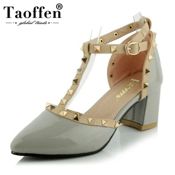 

TAOFFEN Women Middle Heels Shoes Women Square Heel Sandals Ankle Wrapped Pointed Toe Rivets Quality Casual Shoes Size 31-44
