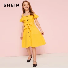 SHEIN/Детское платье-рубашка в стиле бохо с открытыми плечами и рюшами, с поясом г., милое летнее платье до колена на пуговицах спереди, с высокой талией