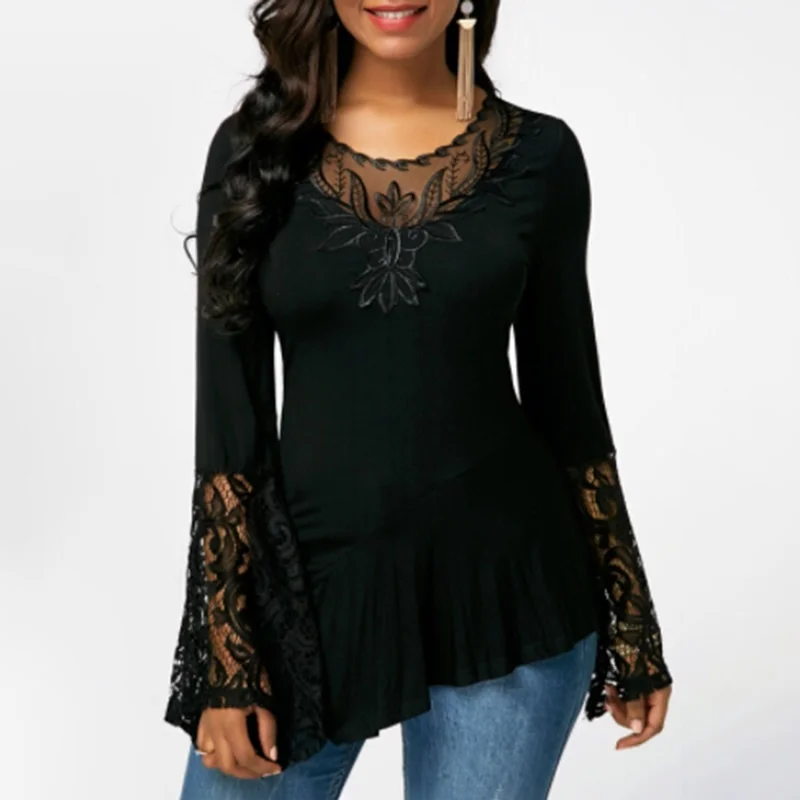  Fashion Lace Blouses Flare Sleeve Shirts For Womens Tops Shirt Plus Size Women Clothes Irregular 20