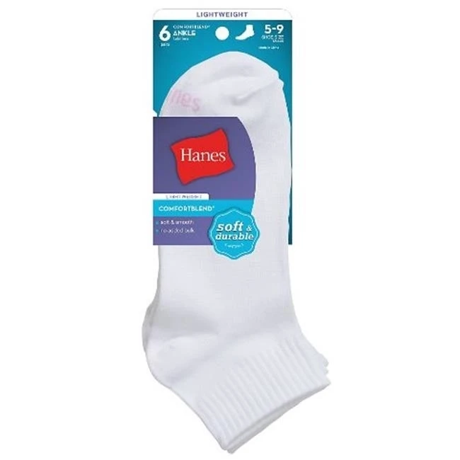 Hanes 858-6 White Comfort Blend Womens Ankle Socks Size 8-12 - Pack of 6