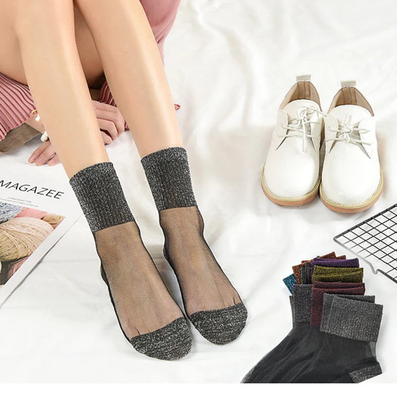 

2Pairs Summer Women Socks Ultrathin Transparent Glitter Crystal Silk Short Socks for Women Breathable Elastic Ankle Socks Summer