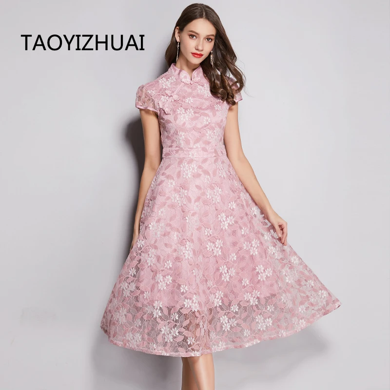 TAOYIZHUAI летнее Новое поступление китайский стиль Cheongsam элегантное приталенное и расклешенное платье большого размера с бантом и воротником цветочное женское кружевное платье 11714