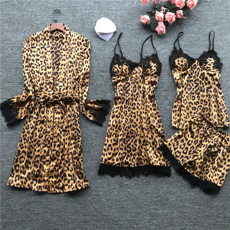 

Sexy Leopard Pajamas Women Satin Sleepwear 4 Pieces Pyjamas Lace Pajamas Sleep Lounge Pijama Silk Home Clothing Pajama Suit