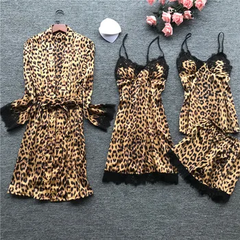 

Sexy Leopard Pajamas Women Satin Sleepwear 4 Pieces Pyjamas Lace Pajamas Sleep Lounge Pijama Silk Home Clothing Pajama Suit