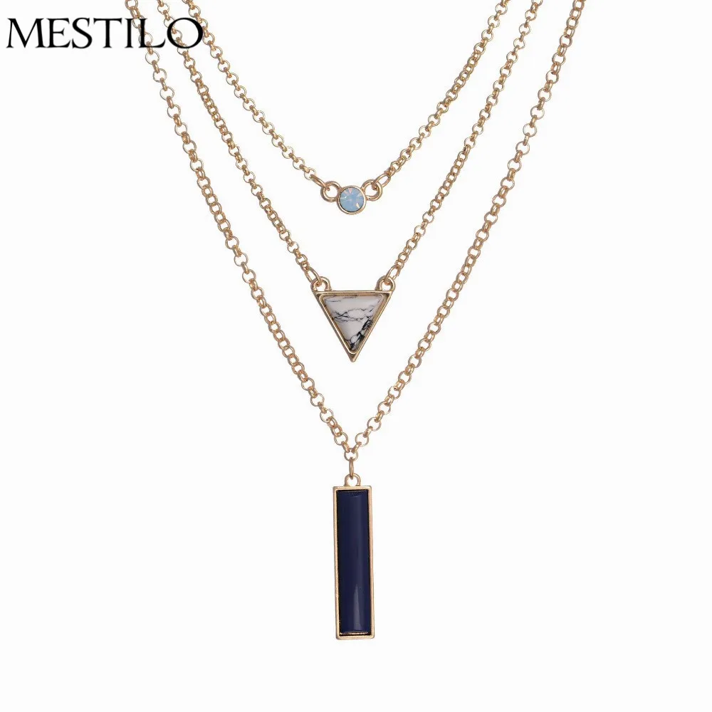 

MESTILO New Brand Design Hoho Geometric Bar Triangle White Faux Marbled Multi Layer Gold Pendant Necklaces bijoux femme Gifts